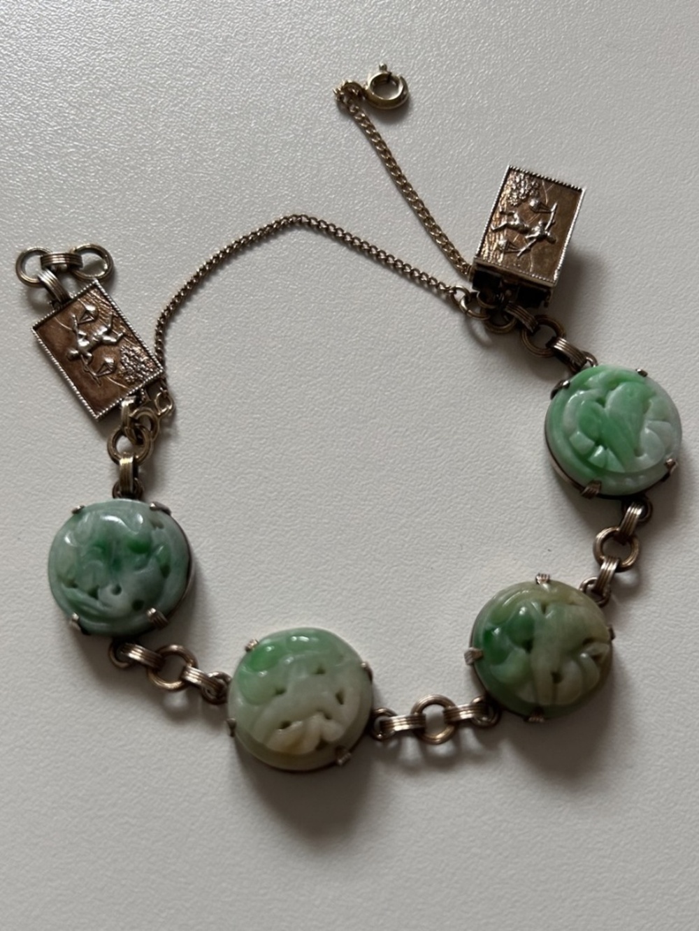 Antique Art Nouveau Egyptian Motif & Molded Jadeite jade Bracelet